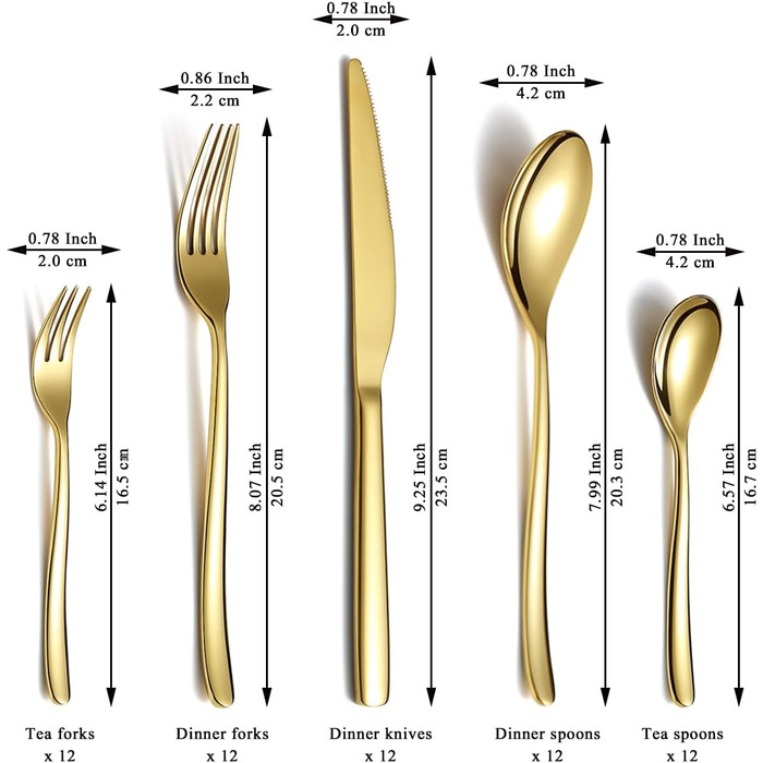 Gold Cutlery Set - 60-Piece Service for 12 People, Gold-Colored Titanium Stainless Steel Cutlery Set, Gold Spoons, Forks, and Knives Set for Home, Wedding, Restaurant, Hotel, Dishwasher-Safe