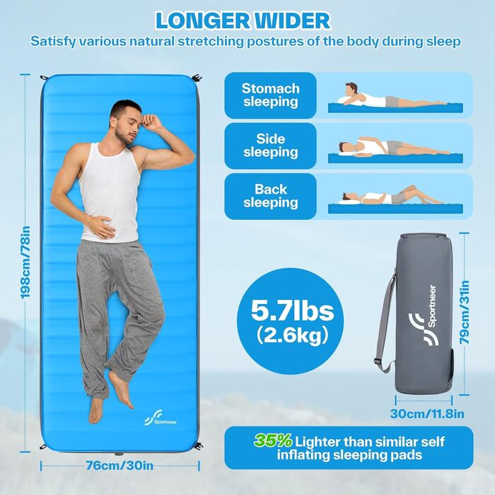 Sportneer Self-Inflating Camping Mat - 198x76cm Outdoor Sleeping Pad - 10cm Thick Air Mattress for Tent, Overnight Stays, Sunbathing, Relaxation, and Picnics