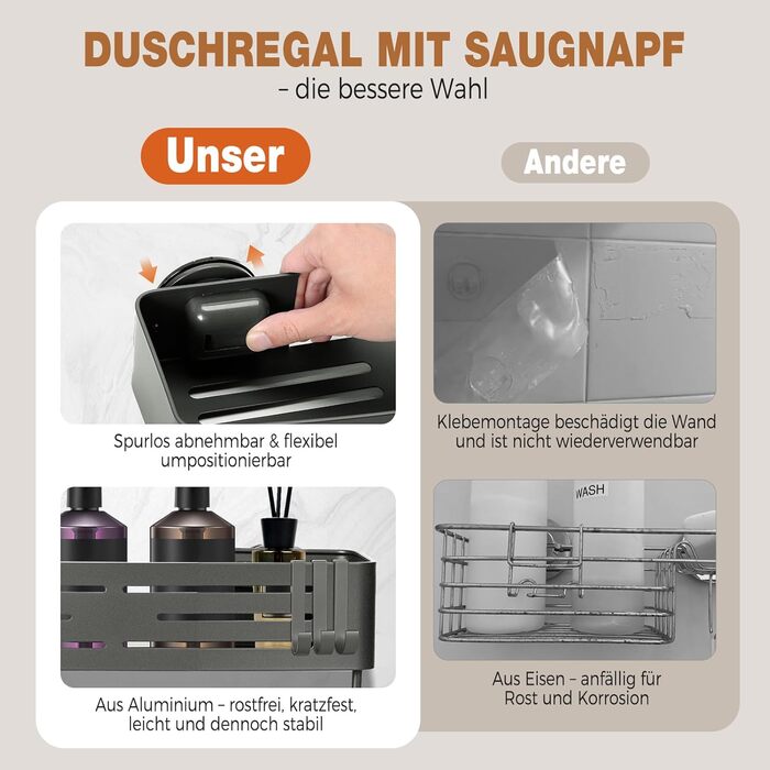 Поличка для душу Lekesky без свердління, кутова, з міцними присосками, алюміній, нержавіюча сталь, знімна, для ванної кімнати, кухні, орендованого житла (набір 2 шт.), колір: Gunmetal Grey, прямокутна