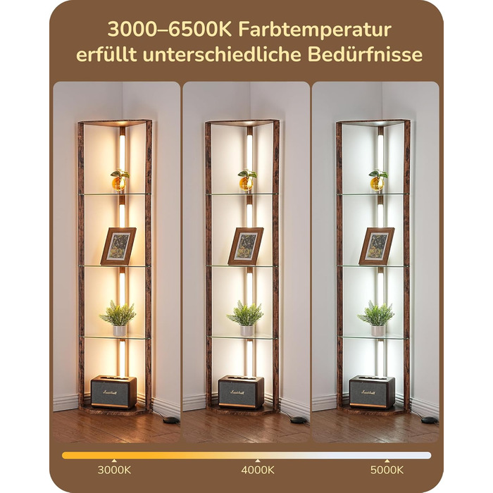 Стійка лампа EDISHINE з 4 полицями з дерева, LED диммер, 3 кольори світла, поворотний світловий маніпулятор, підсвічування полиць, регулювання яскравості, футовий вимикач, для вітальні (Вінтаж-коричневий+скло)