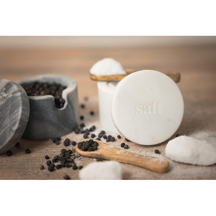Birsppy Fair Trade Kitchen Utensils Salt and Pepper Shaker Set Marble with Spoon and Lid Salt Pot Stone