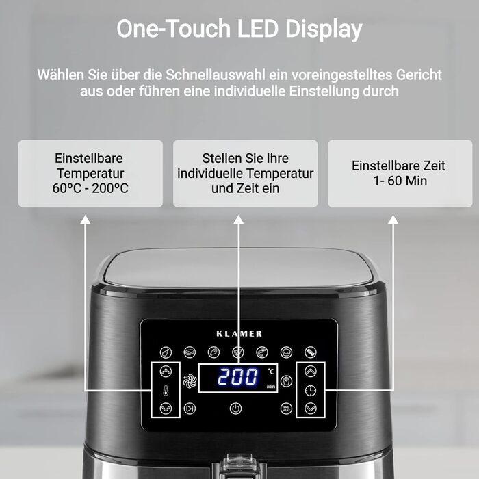 Фритюрниця KLAMER 5,5 л XXL без олії, 1700 Вт, аерофритюрниця з LED-екраном, цифровою німецькою книгою рецептів, багатофункціональна міні-фритюрниця з нержавіючої сталі