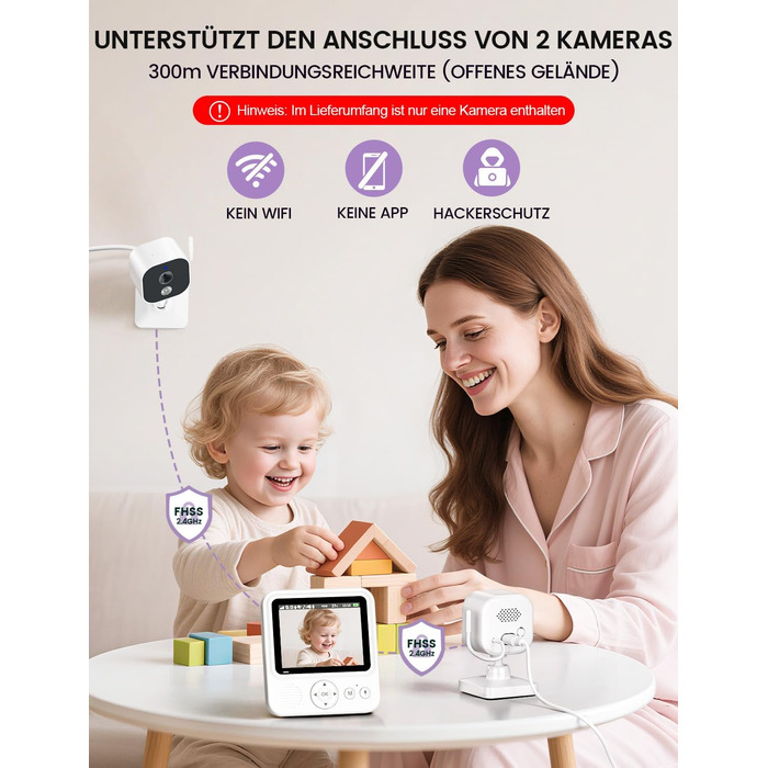 Дитячий відеоняня OBVHNUA з камерою 720p IPS, 2.8' екраном, акумулятором 2000mAh, цифровим зумом, функцією VOX, двостороннім аудіо, нічним баченням, контролем температури та колисковою