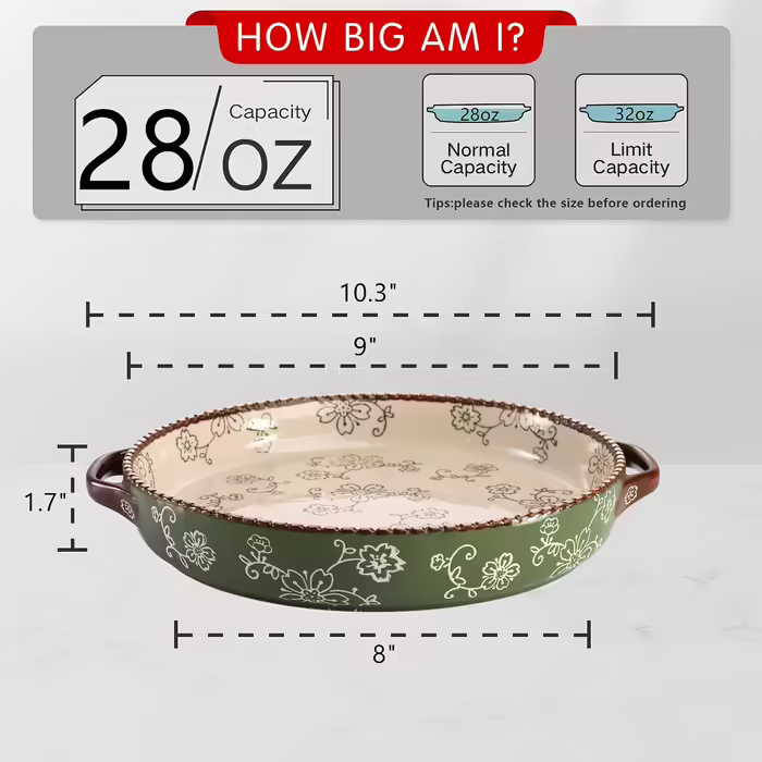 AVLA 2-Piece Ceramic Cake Pans, 9-inch, Round Baking Dish with Double Handles, 27.3 oz, Deep Quiche Dish for Kitchen, Cooking, Roasting Lasagna (Sakura, Green) Sakura, Vert