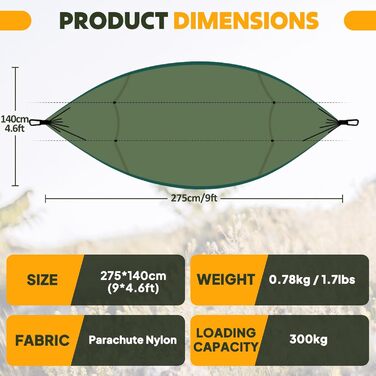 Гамак-москітна сітка NATUREFUN для кемпінгу, 300 кг, армійний зелений (275 x 140 см), швидковисихаючий нейлон, 2 карабіни, 4 шлейки