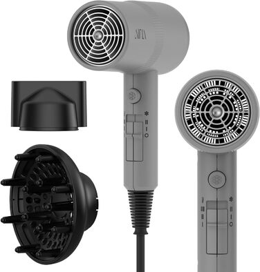 Фен AINA з дифузором для волосся | Іонська технологія, керамічне покриття, холодний струмінь | Швидке сушіння та блиск, 230V~ (Сірий)