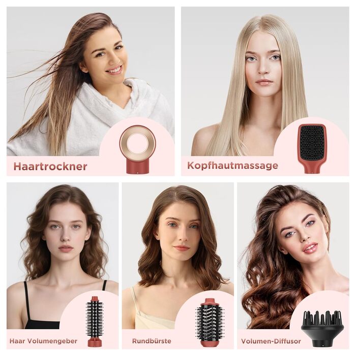 Набір для укладки волосся PARWIN PRO BEAUTY 5 в 1: фен-щітка з іонізацією, 1100 Вт, коралловий, для сушіння, випрямлення та створення об'єму
