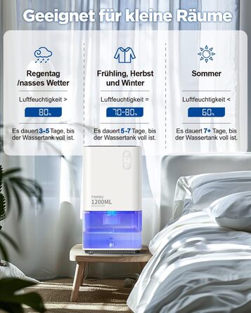 1200ML Humidifier, Heelay® Electric Dehumidifier, Energy-Saving, Portable, Ultra Quiet, Auto Shut-Off, 7 Color Lights, Room Dehumidifier for Bedroom, Bathroom, Home