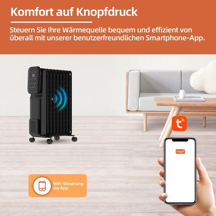 Масляний радіатор SHX 2000W з Wi-Fi, 3 режими, таймер 24г, термостат, Boost, до 40 м²