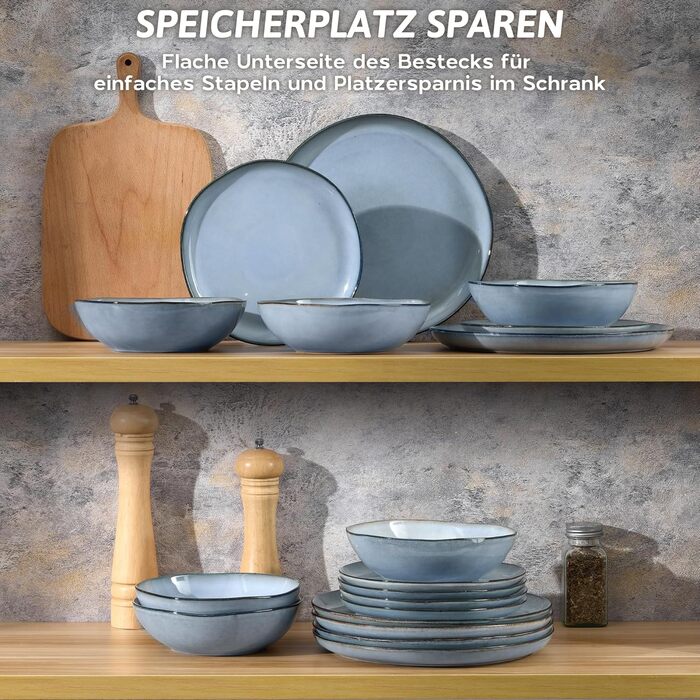 Сервіз Joyfair на 6 осіб, 18 предметів, керамічний, з тарілками для їжі, десерту та каші, безпечний для мікрохвильовки та посудомийної машини, колір: реактивний синій