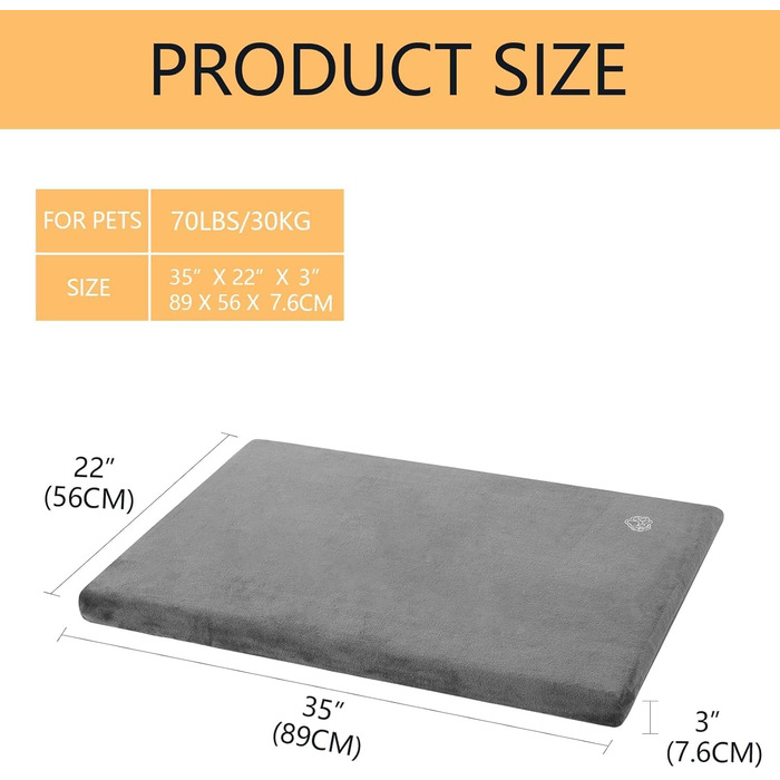 EMPSIGN Dog Bed for Large Dogs, Washable Dog Cushion, Waterproof Dog Bed L 89x56cmx7.6cm, Dog Cushion Suitable for Cages, Dog Mat with Removable and Washable Cover for Large Dogs, Grey