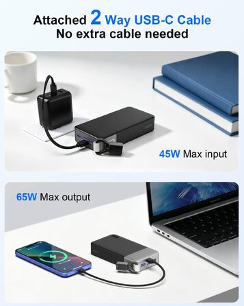 Повербанк NOBIS 20000 mAh 65W з вбудованим кабелем, швидка зарядка, 2x USB-C та 2x USB-A, для ноутбуків, планшетів та смартфонів, чорний