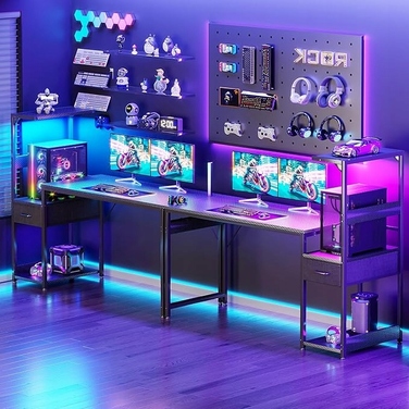 Ігровий стіл з RGB-підсвіткою та стелажем з полицями, функціональний та сучасний, 138x48 см