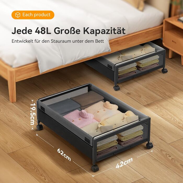 Підліжкова комода з колесами 2 шт., 48 л, ящик для зберігання під ліжком з кришкою та металевим каркасом, складана підліжкова коробка з колесами для одягу, постільної білизни, взуття, 48 л * 2, липучка