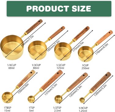 Набір мірних стаканів та ложок з нержавіючої сталі золотого кольору з дерев'яною ручкою, 8 шт. - для вимірювання сухих та рідких інгредієнтів (60мл - 250мл), для кухні та випічки