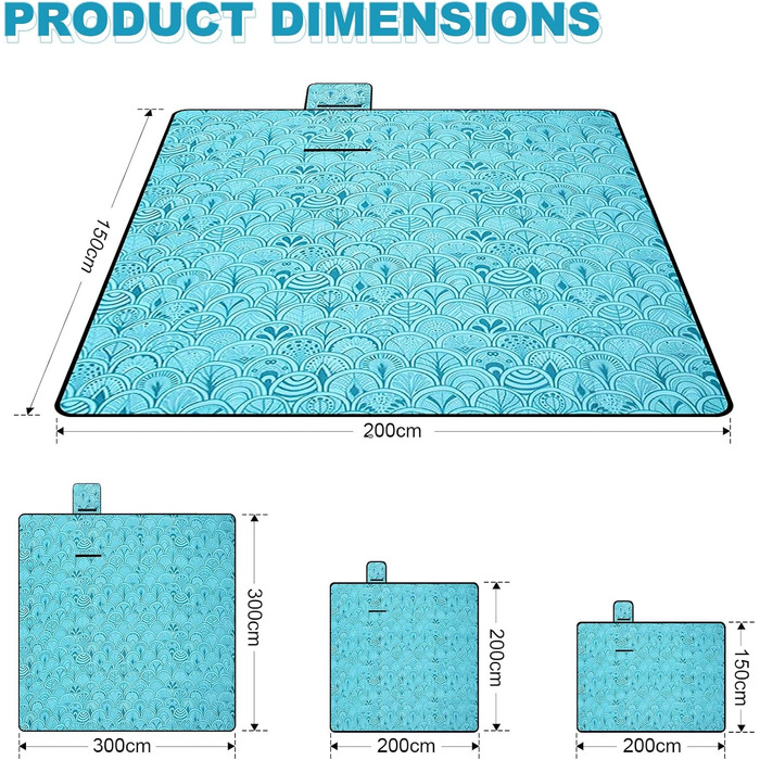 Плед для пікніка водонепроникний XXL (200x150 см) Pfauenblau для 4-6 осіб, пляжний килим для кемпінгу та походів з ручкою
