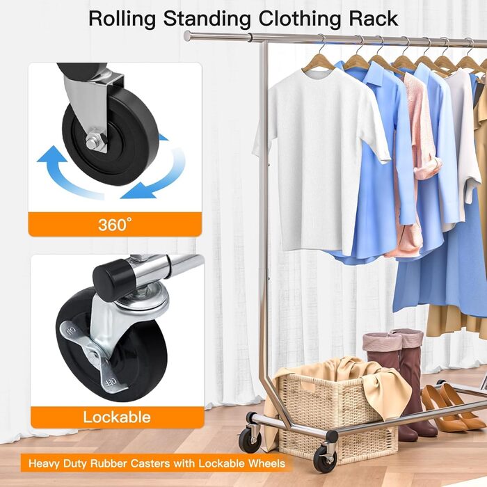 Camabel Clothes Rack with Wheels, 303lbs Clothes Stand, Metal, Adjustable Length 130-189cm (51-75in), Stainless Steel, Wheels, Rolling Garment Rack, Extendable, Clothes Hanger with Brake, Metal Wardrobe Stand