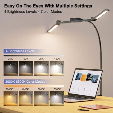 LED лампа для столу EppieBasic з кріпленням, 24W, 3 наголовки, регулювання яскравості, 1200LM, захист очей, 4 колірні температури, таймер 30хв, для офісу та дому, чорний колір