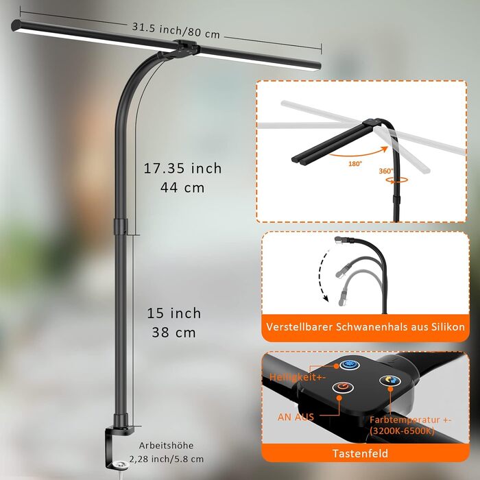 LED лампа для столу Doppelkopf з регулюванням яскравості, 24W, 80см, для дому/офісу, денне світло, лампа сови, кріпиться на стіл (чорний)