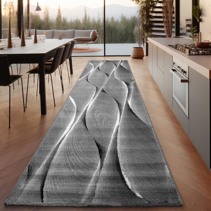 Килим для вітальні, спальні, їдальні, коридору, кухні. Сучасний килим з геометричним малюнком, короткий ворс, легкий у догляді. Чорний, 140 x 200 см