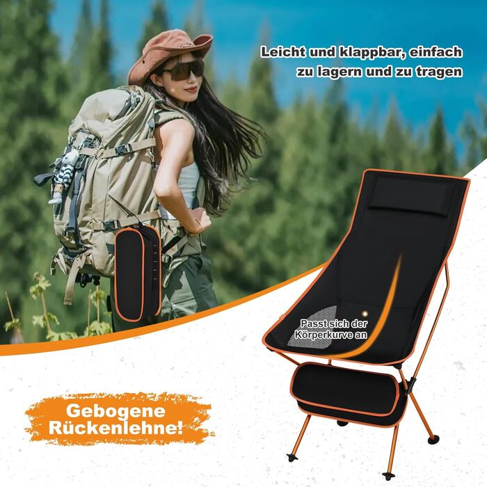 Складний туристичний стільчик eSituro для кемпінгу, риболовлі та відпочинку на природі (4 шт., чорний + помаранчевий)