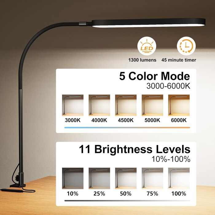SKYLEO LED Desk Lamp with Adjustable Gooseneck - 80cm Height, 5 Color Modes, 11 Brightness Levels, Timer & Memory Function, 12W, Clamp-On Design