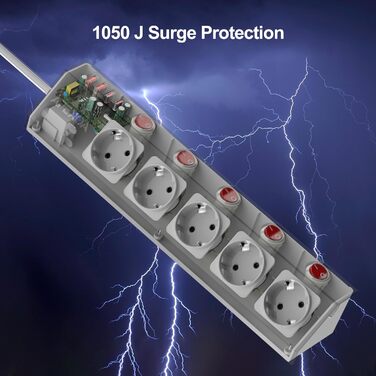 Мережевий фільтр 5-портовий з USB, індивідуальне вмикання, білий (3680W/16A) з 2 USB-C та 2 USB-A, швидка зарядка, захист від перенапруги, дитячий захист для офісу
