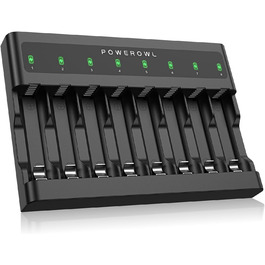 Зарядний пристрій PowerOWL на 8 батарейок, надтонкий, з незалежними слотами, USB-C зарядка для перезаряджуваних акумуляторів AA AAA