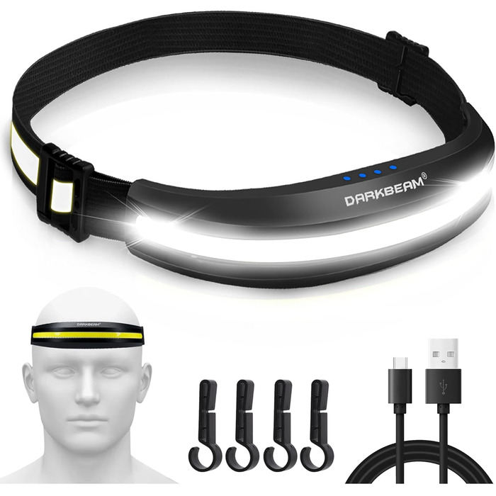 DARKBEAM LED Headlamp Floodlight COB with Red Light Rechargeable USB, Super Bright Rechargeable Lightweight Headlamp, Work Light for Helmet - Camping, Fishing, Repairing, Fishing, with Battery, Clip, 2 Pack (Red Light and White Light)
