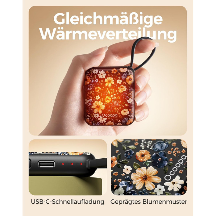 Електричні грілки для рук Ocoopa 2 шт. з акумулятором 4000mAh, USB, 3 режими нагріву до 52°C, для жінок, зимові подарунки, для катання на лижах, подорожей та активного відпочинку, UT5 Nano Wiesengeflüster (Ocoopa x Künstleredition)
