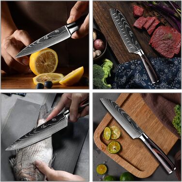 Набір професійних кухонних ножів | Шеф-ніж, Сантоку, хлібний ніж та інші | Нержавіюча сталь з лазерним візерунком, ручки з пакавуду | Подарунковий набір