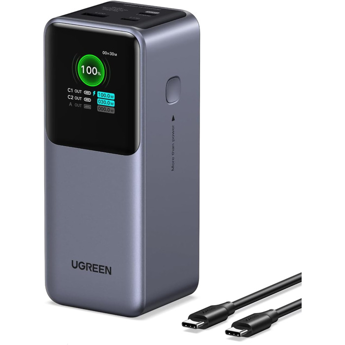 Powerbank UGREEN Nexode 20000mAh 130W з USB-C PD 3.0, цифровим дисплеєм, сумісний з iPhone, Galaxy, MacBook, Dell