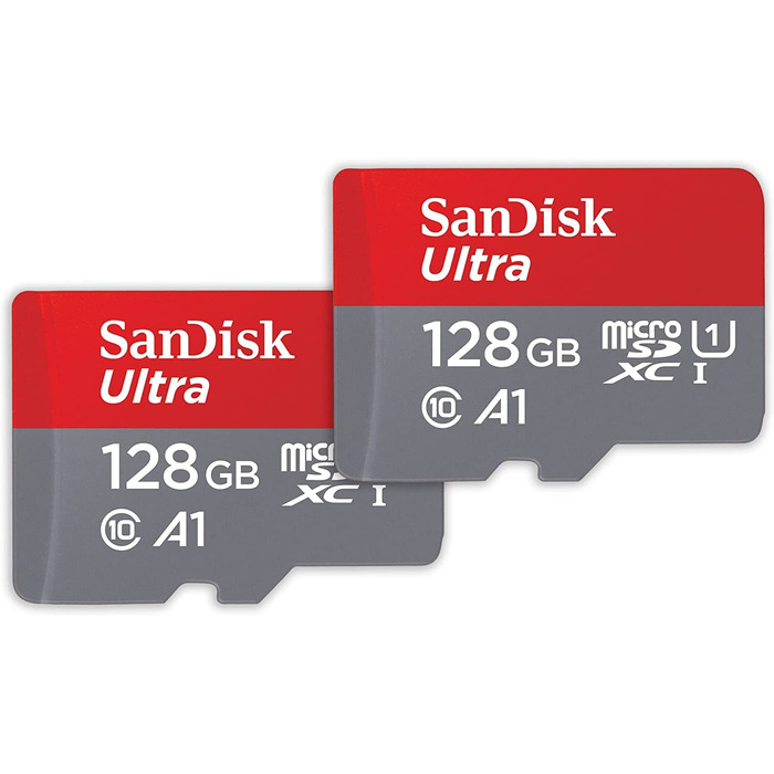 Карта пам'яті SanDisk Ultra microSDXC 128GB UHS-I Class 10 U1 A1 (2 шт.) з SD-адаптерами для смартфонів та планшетів, швидкість до 140 МБ/с, Full HD