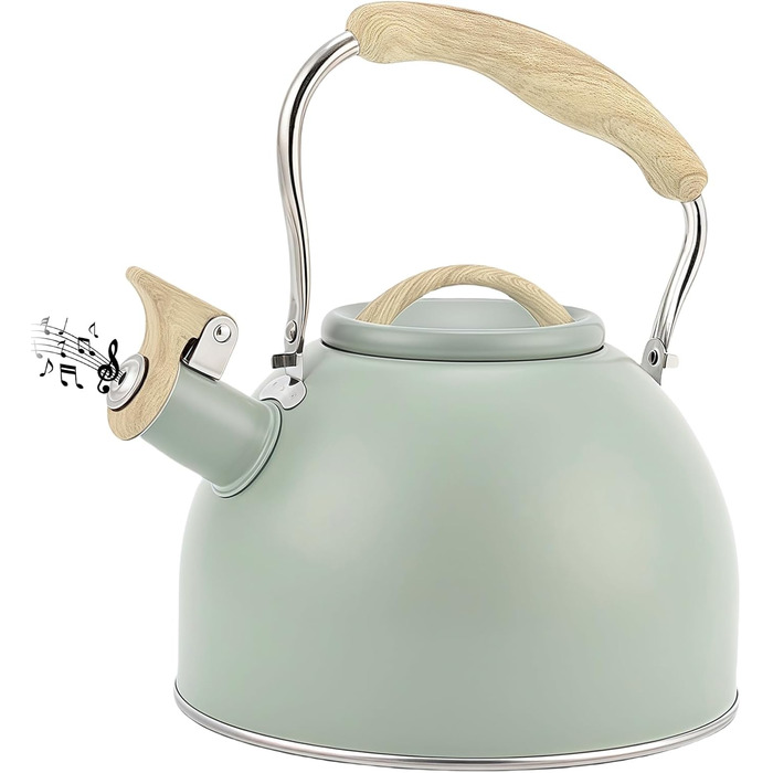 Чайник-заварник Flintronic з нержавіючої сталі, 3л, з дерев'яною ручкою, для всіх плит, чайник-заварник для чаю та кави (зелений)