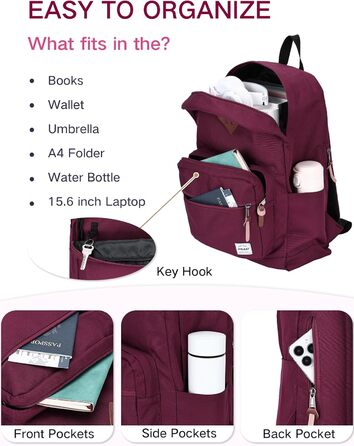 Жіночий рюкзак RAVUO, водонепроникний, для ноутбука 15.6 дюймів, шкільний, для підлітків, подорожей, роботи, червоний/бордовий