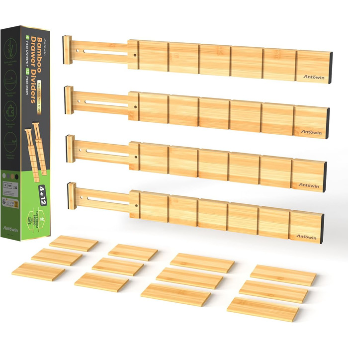 ANTOWIN 4 Pack Expandable Drawer Dividers, 5.7CM, extends from 43CM to 56CM, Drawer Organizers for Kitchen, Bedroom, Office, Bathroom (Natural)