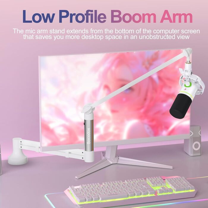 Низькопрофільний мікрофонний важіль, міцний тримач для мікрофона з кріпленням до столу 7 см, адаптери 3/8' та 5/8', для Blue Yeti, подкастів, геймінгу, вантажопідйомність до 2 кг, білий