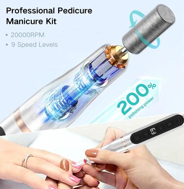 Портативний фрезер для нігтів бездротовий 12 в 1 Професійний електричний набір для манікюру та педикюру USB, перезаряжається, 9 швидкостей, 20000 об/хв, срібний