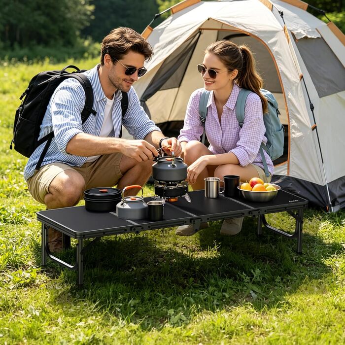 Складний кемпінговий стіл Anbte 60x40 см, алюмінієвий каркас, регульована висота (27.3/51/74.7 см), сітчаста сумка, вантажопідйомність 30 кг, чорний