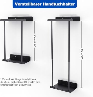 Danclit Towel Holder No Drilling, Carbon Steel Double Self-Adhesive Black Towel Hooks for Bathroom Kitchen