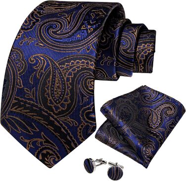 Комплект краватка, хустинка та запонки DiBanGu Paisley (шовк, золотисто-синій) для ділових чоловіків