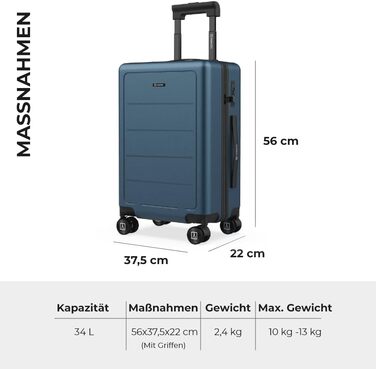 Чемодан ручної об'єм NUMADA PackPro T20 (56x37x22 см) з TSA-замком та 4 колесами. Жорсткий кейс з внутрішніми відділеннями, світлом, стійкий (Блакитний)