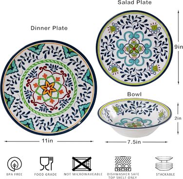 Набір посуду Talavera з меламіну, 12 предметів: тарілки та миски для 4 осіб, небиткий, для кемпінгу, BPA-free, придатний для миття в посудомийній машині