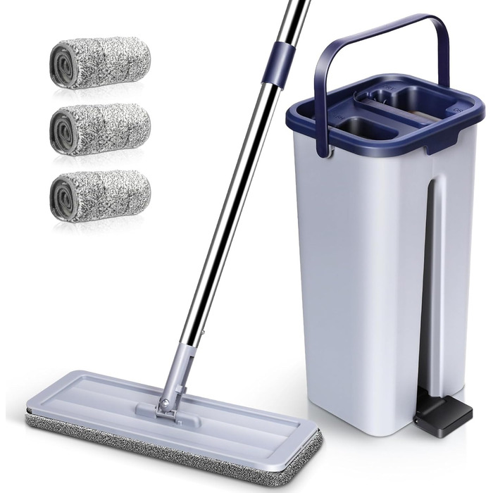 Набір для миття підлоги MASTERTOP з відром, моп з нержавіючою ручкою та 3 насадками, 2 в 1 набір відр та мопа, плоский моп з функцією віджиму для ламінату, плитки, твердої підлоги (Бежевий) (Набір для миття підлоги з відром: Сірий+Блакитний)