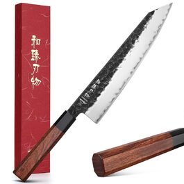 Ніж Santoku HEZHEN 18,5 см, сталь Дамаск, кований, японський стиль Gyuto, дерев'яна рукоятка (24 см)