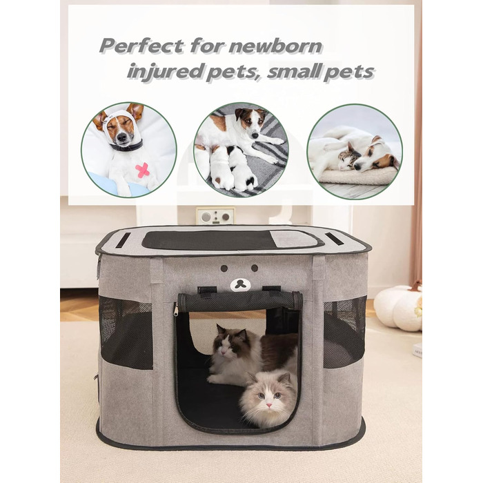 Portable Dog House & Pet Pen - 90x70x60cm Foldable Playpen for Dogs, Cats & Puppies - Enclosed Pet Tent (Gray)