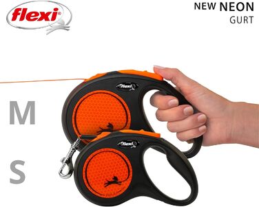 Еластичний повідок Flexi Neon M, 5 м, чорний/неоновий помаранчевий, світловідбиваюча поверхня, для собак до 25 кг