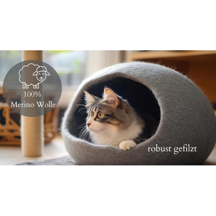 Cat Cave Cat Bed Cat House XL – also suitable for large cats – robust on the outside & cuddly soft on the inside – 5 colors – finest wool – Light Grey