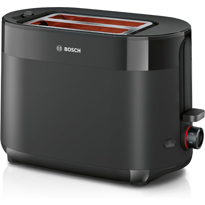 Bosch Compact Toaster MyMoment TAT2M123, integrated bagel attachment, with defrost function, with automatic shut-off, lift function, bread centering, perfect for 2 slices, 800 watts, matte black. Bagel attachment integrated, black.