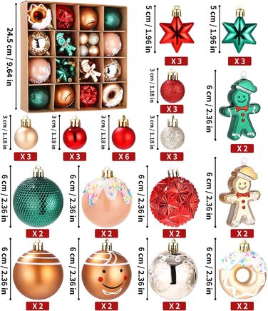Набір прикрас для ялинки на Новий Рік: 42 штуки, кульки, червоний, зелений, золотий | Ялинкові прикраси